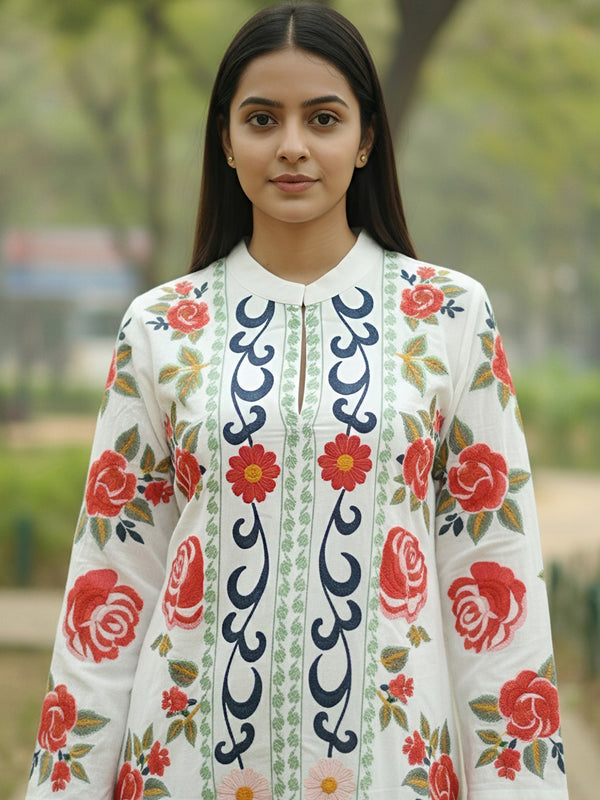 White Pink Embroidered Full Sleeves Long Jacket