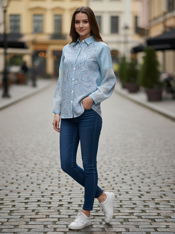 Sky Mist Paisley Printed Blue Cotton Shirt