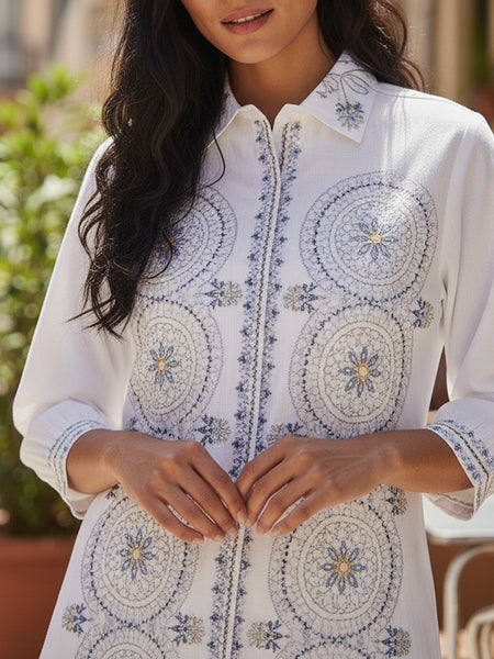 White Festive Embroidered Cotton Co-ord Set