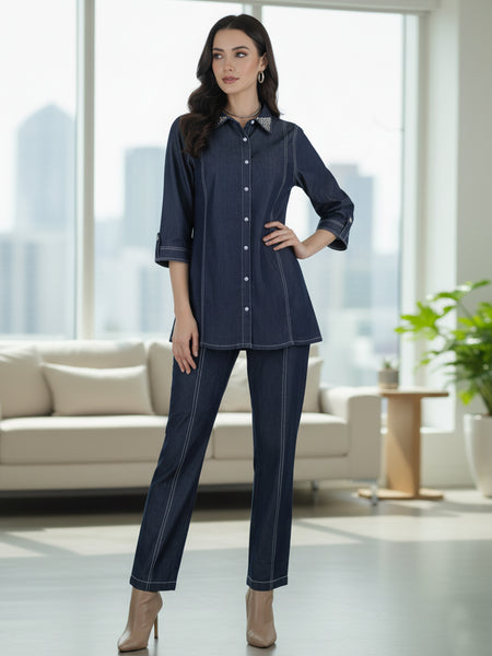 Viscose Navy Blue Embroidered Co Ord Set