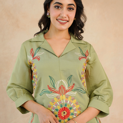 Olive Green Co-Ord: Detailed Central Embroidered Tunic and Wide Pants