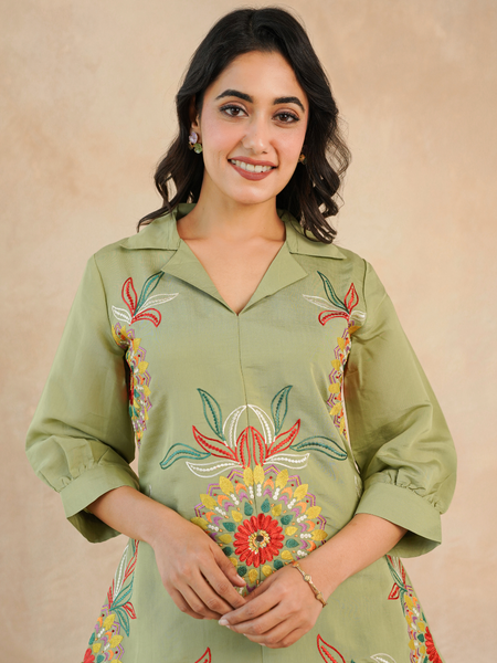 Olive Green Co-Ord: Detailed Central Embroidered Tunic and Wide Pants