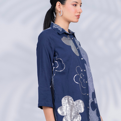 Women Designer Patchwork Navy Casual Shirt