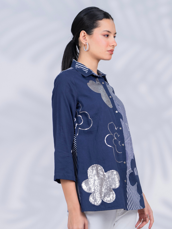Women Designer Patchwork Navy Casual Shirt