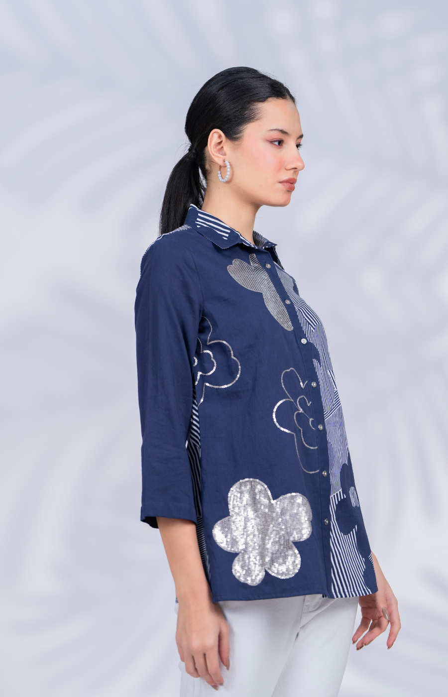 Women Designer Patchwork Navy Casual Shirt
