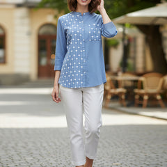 Blue Half-Embroidered Casual Cotton Shirt