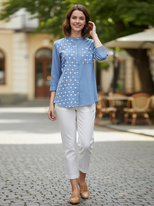 Blue Half-Embroidered Casual Cotton Shirt