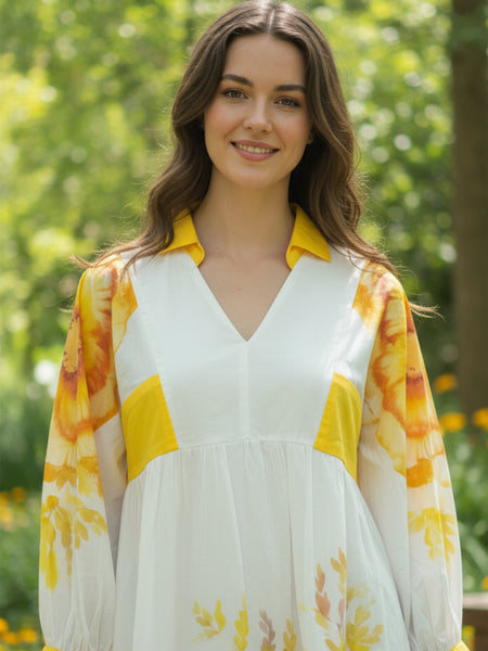 White & Yellow Floral Midi Dress