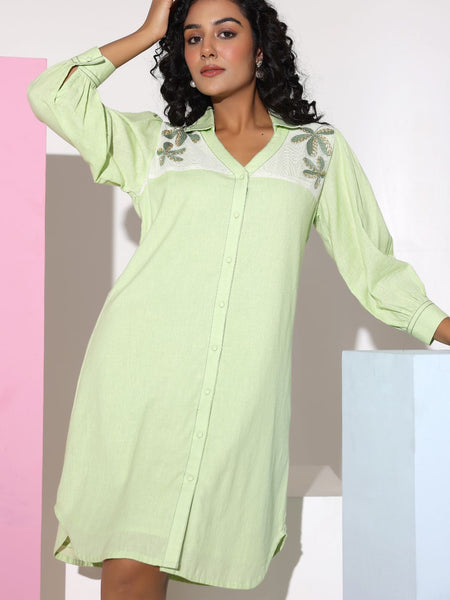 Pastel Green Sequined Work Shirt Dress