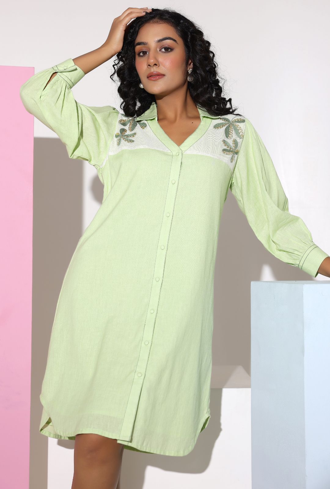Pastel Green Sequined Work Shirt Dress
