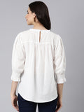 Elegant White Cotton Top With Blue Embroidery