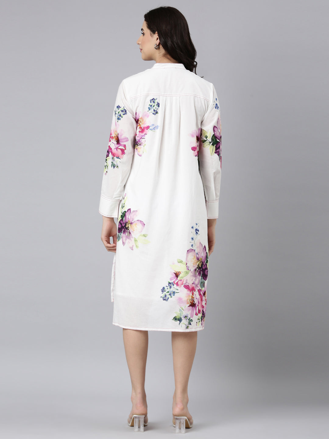 Designer White Flower Print Midi Dress