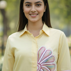 Women’s Yellow Embroidered Cotton Crop Shirt with Collar Neck