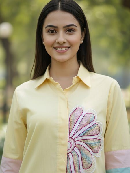 Women’s Yellow Embroidered Cotton Crop Shirt with Collar Neck