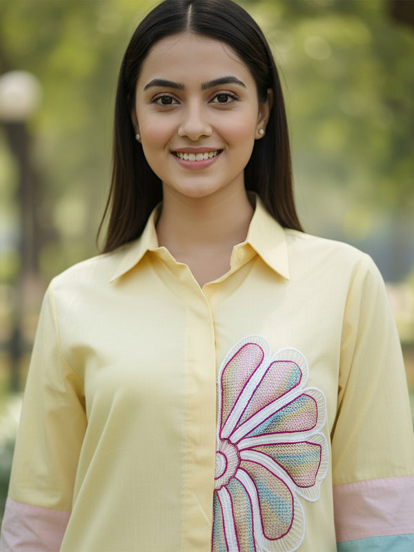 Women’s Yellow Embroidered Cotton Crop Shirt with Collar Neck