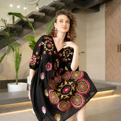 Chic Black Embroidered Cotton Midi Dress with V-Neck & Elbow Sleeves