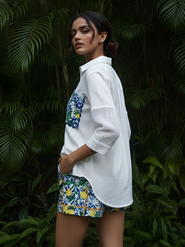Contemporary Lemon Print Pocket Premium Cotton Shirt