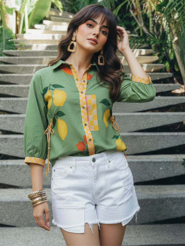 Mint Citrus Garden Embroidered Cotton Shirt