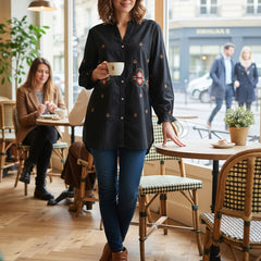 Black Embroidered Mandarin-Collar Shirt with Geometric Pattern