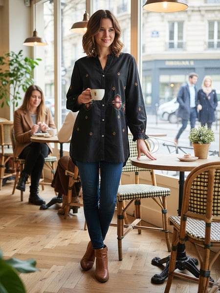 Black Embroidered Mandarin-Collar Shirt with Geometric Pattern