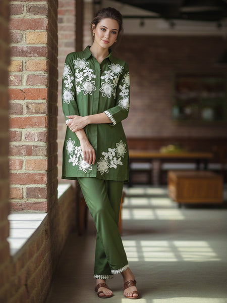 Green Floral Embroidered Cotton Co-ord Set