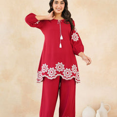 Stylish Red Flower Work Women’s Two-Piece Set