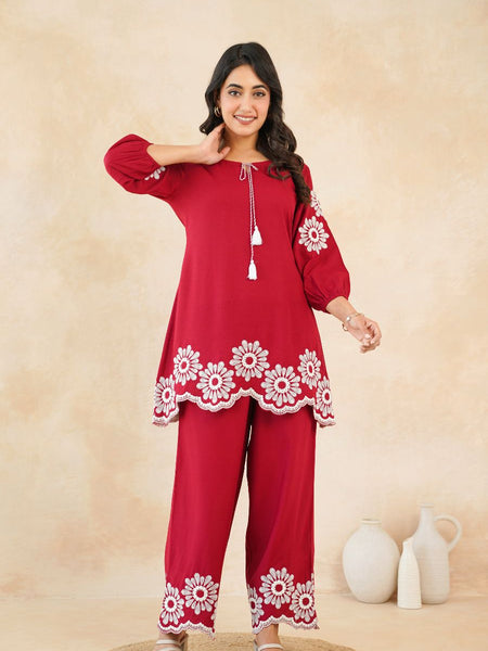 Stylish Red Flower Work Women’s Two-Piece Set