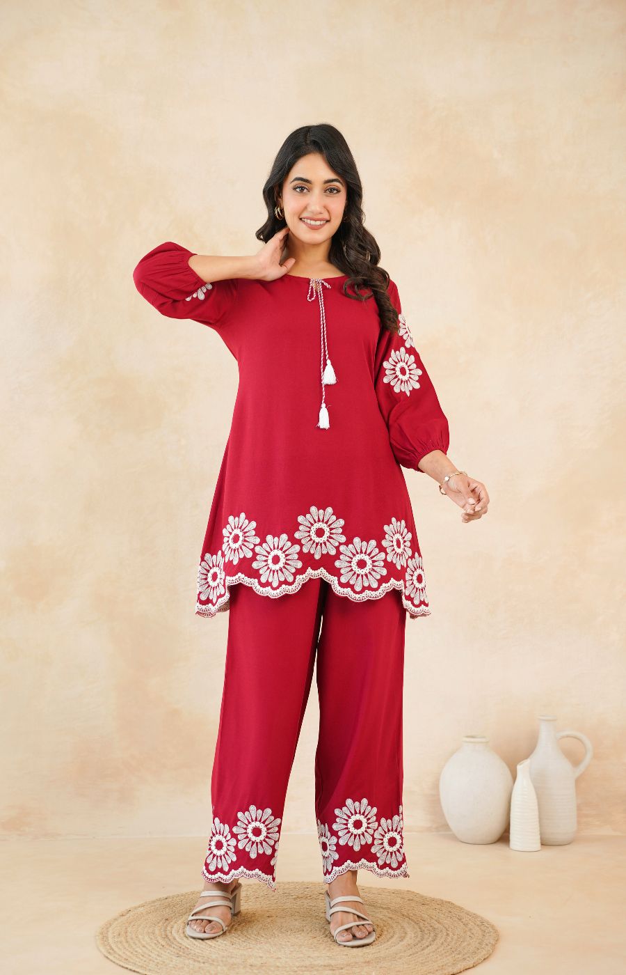 Stylish Red Flower Work Women’s Two-Piece Set
