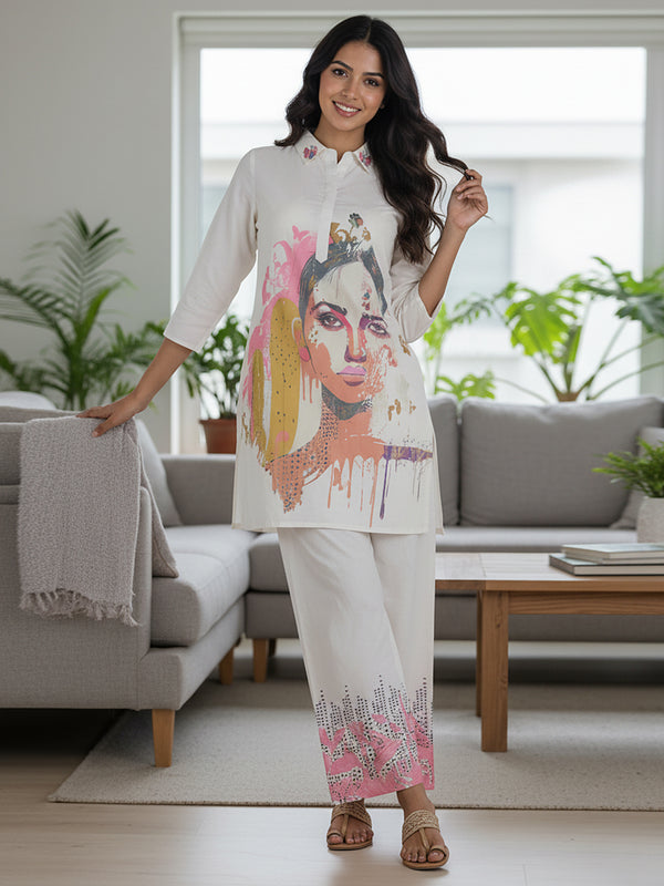 Whispering Beauty Cotton Printed White Co-ord Set