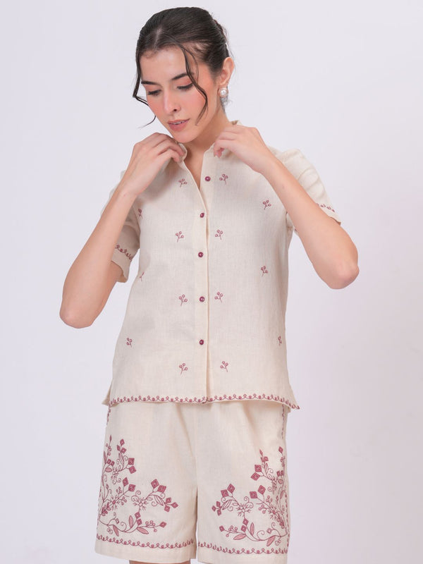 Blush Pink Embroidery Beige Cotton Co-ord Set