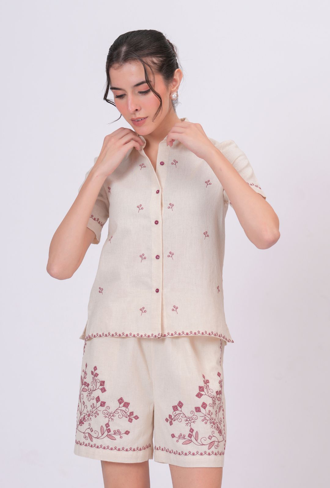 Blush Pink Embroidery Beige Cotton Co-ord Set