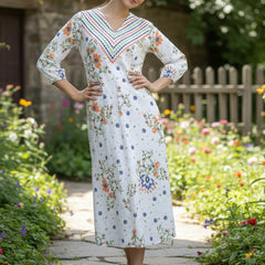 Elegant Floral Cotton Midi Dress with Embroidered V-Neck