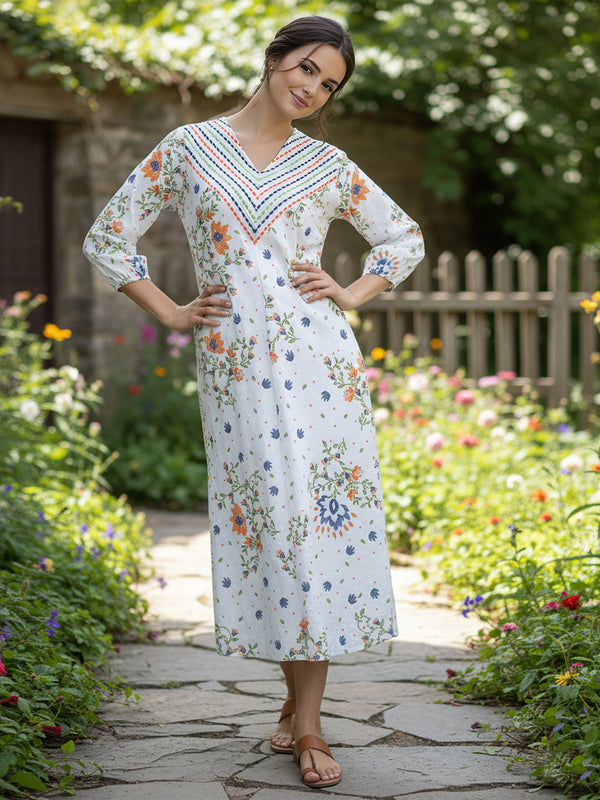 Elegant Floral Cotton Midi Dress with Embroidered V-Neck