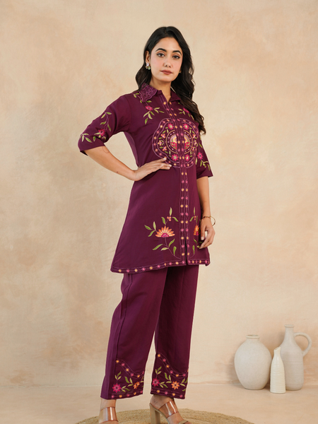 Elegant Maroon Embroidered Kurta with Matching Pants