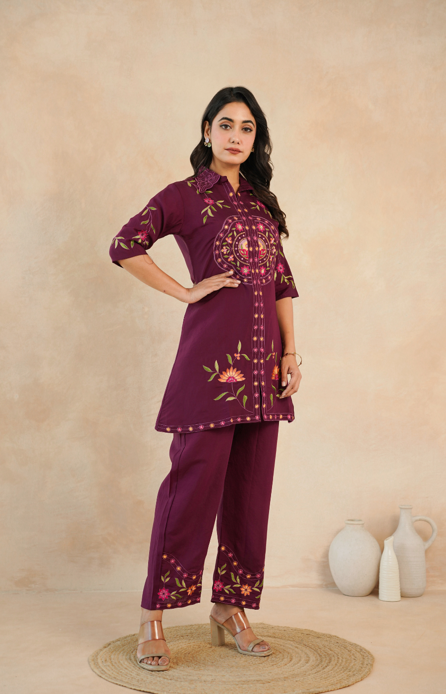 Elegant Maroon Embroidered Kurta with Matching Pants