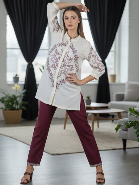 Elegant Off-White & Maroon Embroidered Rayon Co-ord Set