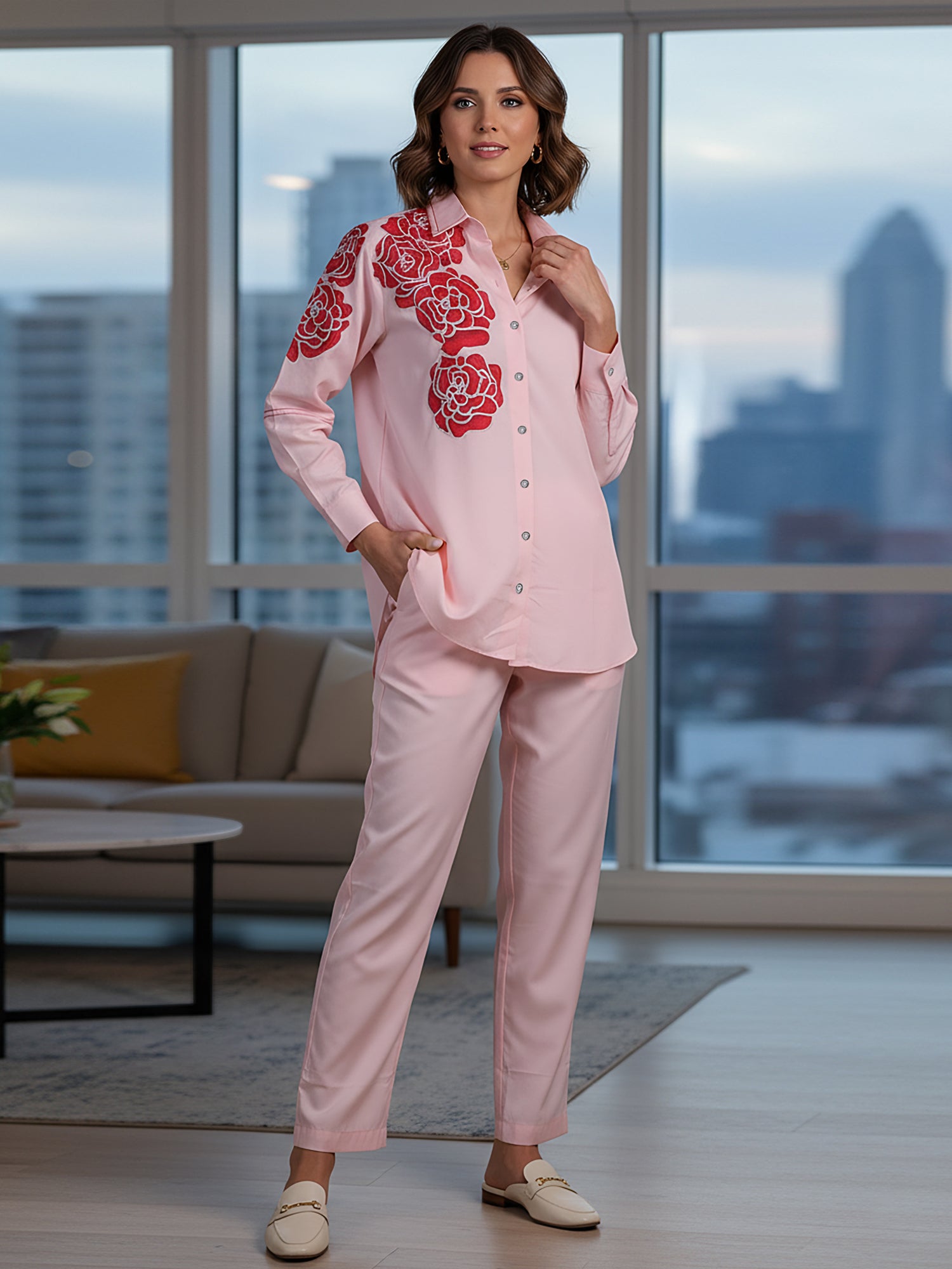 Rosette Bloom Hand-Painted Pink Tencel Luxe Co-ord Set