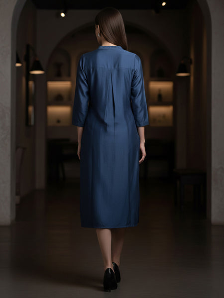 Navy Blue Embroidered Viscose Midi Dress