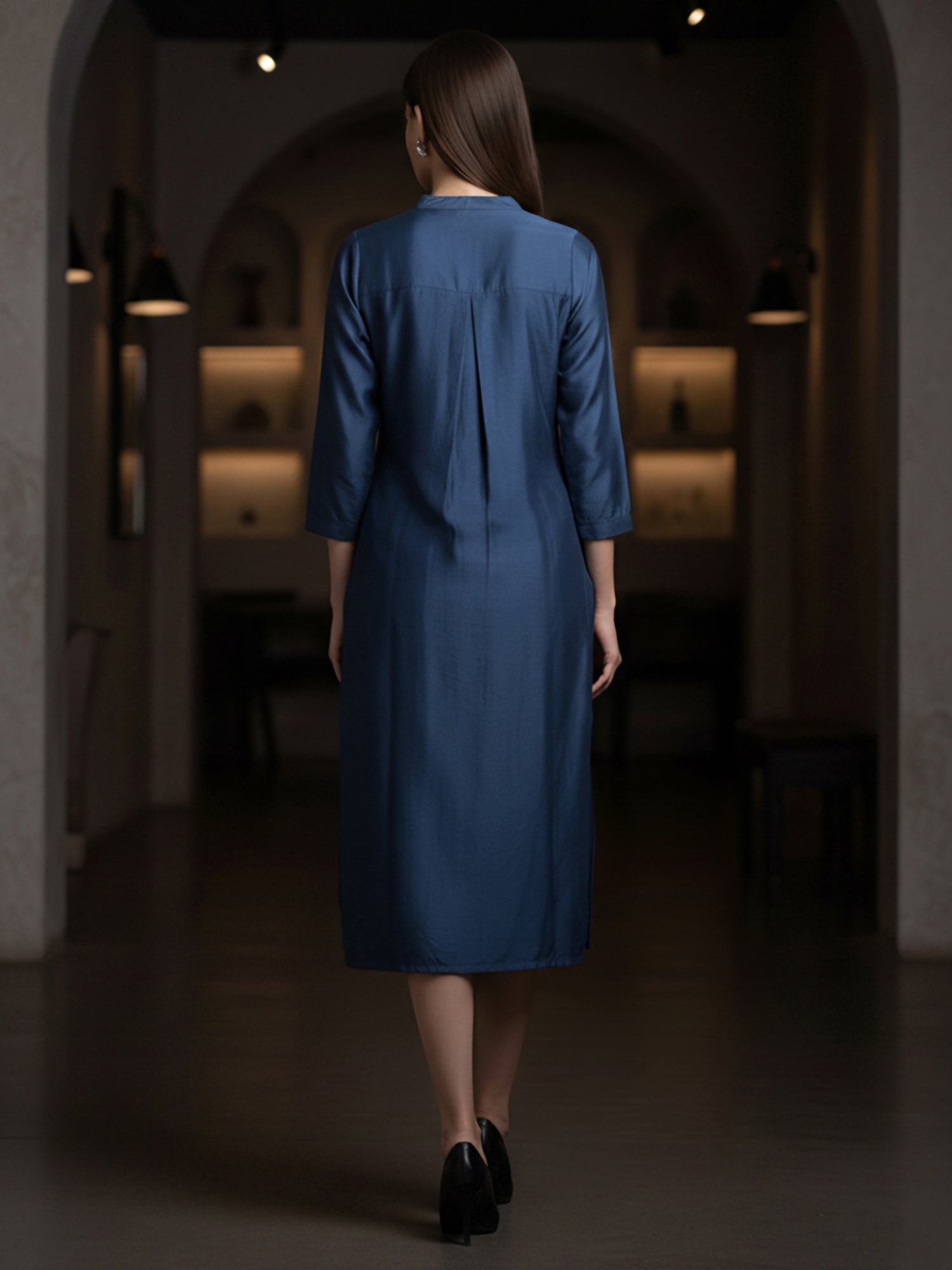 Navy Blue Embroidered Viscose Midi Dress