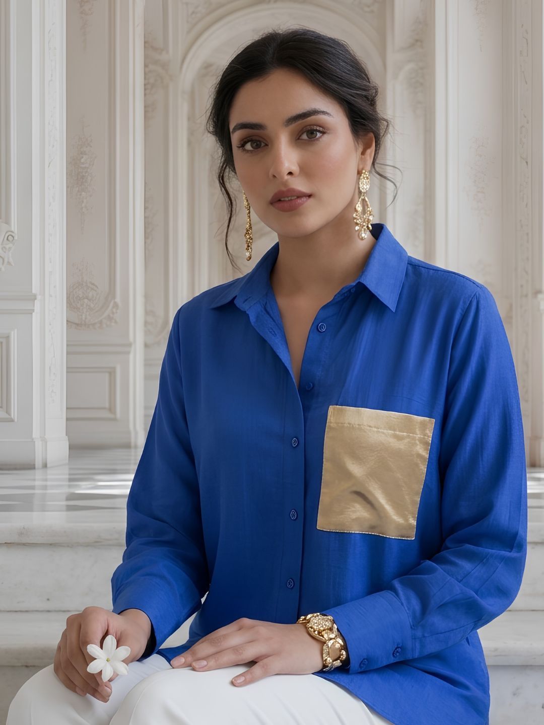Women's Royal Blue Relaxed Fit Shirt with Gold Pocket Detail