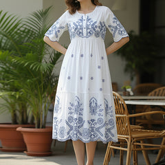 Flawless White Embroidered Cotton Midi Dress