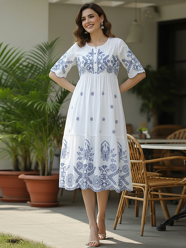 Flawless White Embroidered Cotton Midi Dress