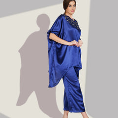 Blue Satin Sequin Work Kaftan Co-ord Set