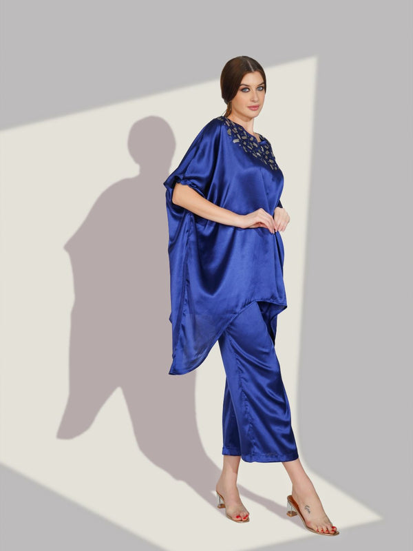 Blue Satin Sequin Work Kaftan Co-ord Set