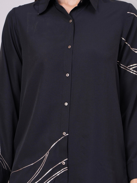Black Co-Ord: Long Shirt & Trousers with Metallic Thread Work