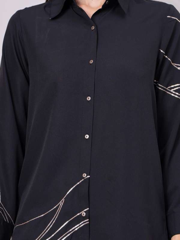 Black Co-Ord: Long Shirt & Trousers with Metallic Thread Work