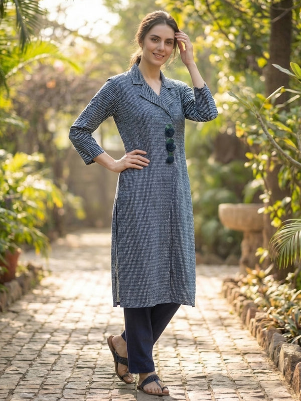 Women Navy Blue Textured Kurta with Pants – Coatrise Fabric