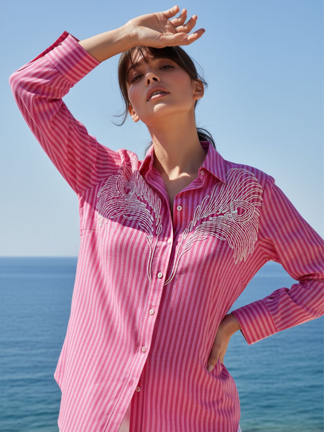 Pink Embroidered Striped Fashion Shirt