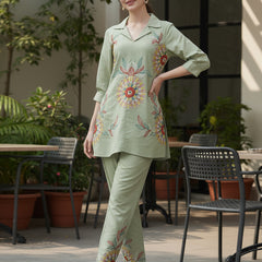 Olive Green Co-Ord: Detailed Central Embroidered Tunic and Wide Pants
