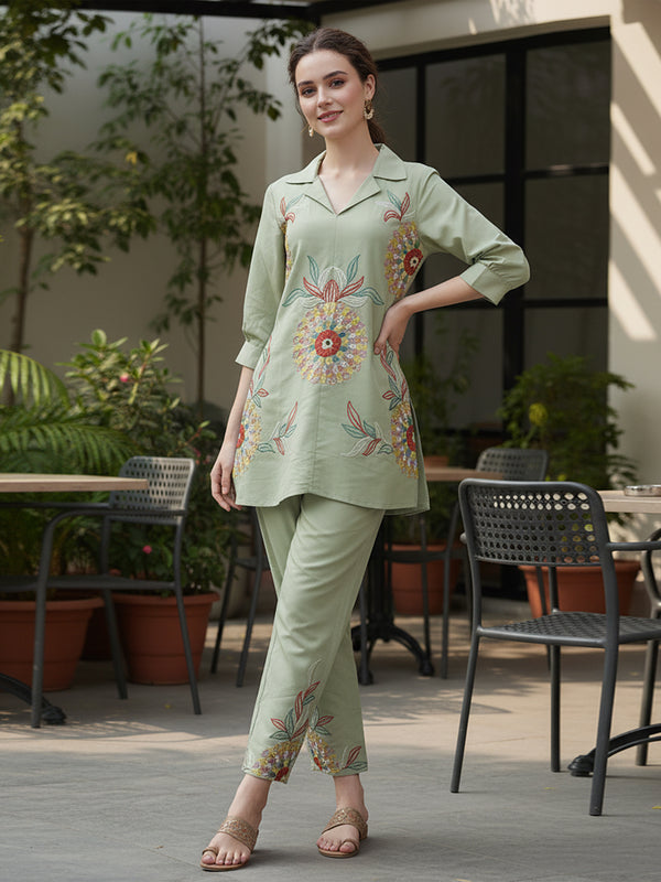 Olive Green Co-Ord: Detailed Central Embroidered Tunic and Wide Pants
